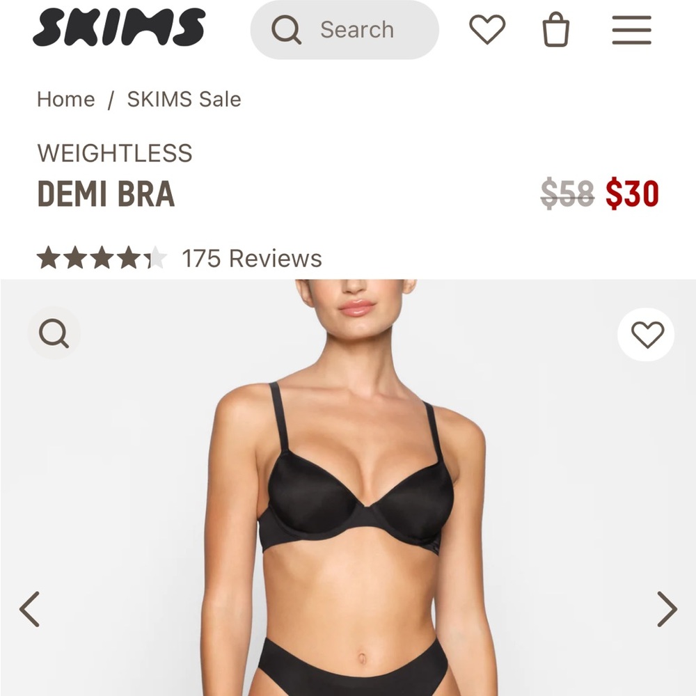 SKIMS Weightless Demi Bra — 36B in Onyx